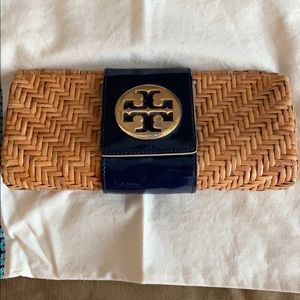 Tory Burch wicker clutch with navy detail